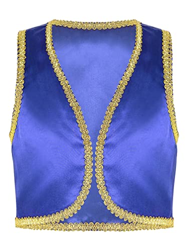 TiaoBug Jungen Arabischer Prinz Kostüm Weste Mittelalter Steampunk Gothic Anzugweste Ärmellos V-Ausschnitt Gilet Vorne Offene Waistcoat mit Borte Blau A 98-104 von TiaoBug