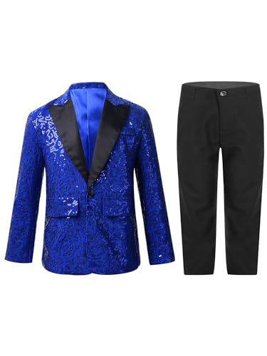 TiaoBug Jungen Festlich Pailletten Anzug Set Metallic Jacke Blazer und Lange Hose Hochzeit Party Weihnachten Outfits Blau 110-116 von TiaoBug