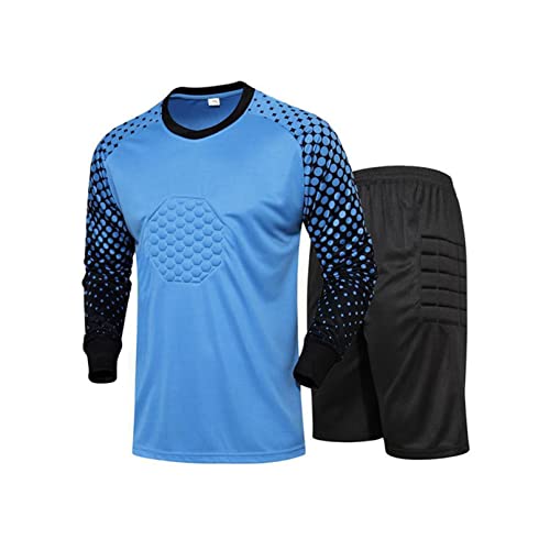 TiaoBug Jungen Fußball Torwart Trikot Set Gepolstert Langarm Sportshirt und Sporthose Schutz Ausrüstung Anzug Blau Kurz 134-140 von TiaoBug