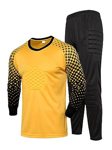 TiaoBug Jungen Fußball Torwart Trikot Set Gepolstert Langarm Sportshirt und Sporthose Schutz Ausrüstung Anzug Gelb 134-140 von TiaoBug