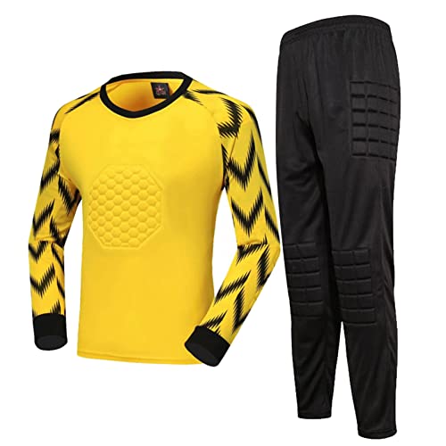 TiaoBug Jungen Fußball Torwart Trikot Set Gepolstert Langarm Sportshirt und Sporthose Schutz Ausrüstung Anzug Gelb B 140-146 von TiaoBug