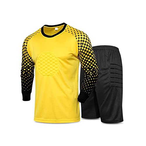 TiaoBug Jungen Fußball Torwart Trikot Set Gepolstert Langarm Sportshirt und Sporthose Schutz Ausrüstung Anzug Gelb Kurz 134-140 von TiaoBug