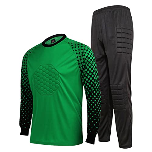 TiaoBug Jungen Fußball Torwart Trikot Set Gepolstert Langarm Sportshirt und Sporthose Schutz Ausrüstung Anzug Grün 134-140 von TiaoBug