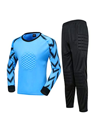 TiaoBug Jungen Fußball Torwart Trikot Set Gepolstert Langarm Sportshirt und Sporthose Schutz Ausrüstung Anzug Himmelblau B 146-152 von TiaoBug