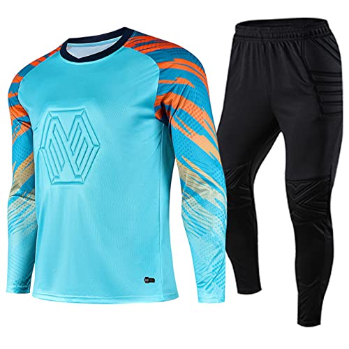 TiaoBug Jungen Fußball Torwart Trikot Set Gepolstert Langarm Sportshirt und Sporthose Schutz Ausrüstung Anzug Himmelblau F 134-140 von TiaoBug