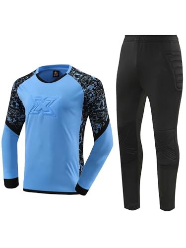 TiaoBug Jungen Fußball Torwart Trikot Set Gepolstert Langarm Sportshirt und Sporthose Schutz Ausrüstung Anzug Himmelblau I 134-140 von TiaoBug