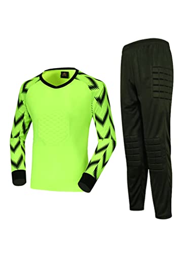 TiaoBug Jungen Fußball Torwart Trikot Set Gepolstert Langarm Sportshirt und Sporthose Schutz Ausrüstung Anzug Leucht Grün B 134-140 von TiaoBug