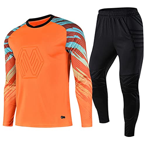 TiaoBug Jungen Fußball Torwart Trikot Set Gepolstert Langarm Sportshirt und Sporthose Schutz Ausrüstung Anzug Orange F 146-152 von TiaoBug