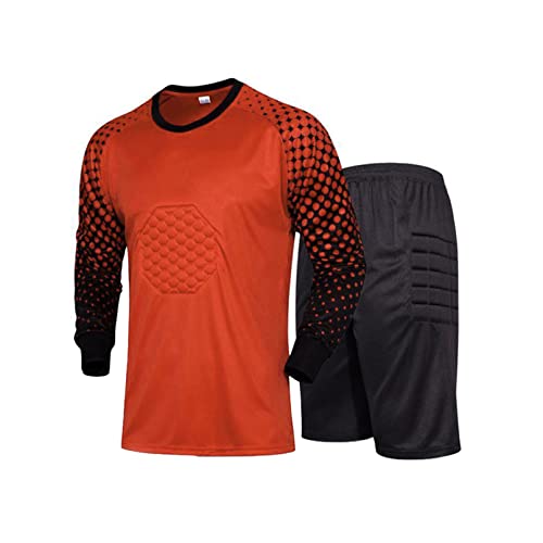 TiaoBug Jungen Fußball Torwart Trikot Set Gepolstert Langarm Sportshirt und Sporthose Schutz Ausrüstung Anzug Orange Kurz 128-134 von TiaoBug