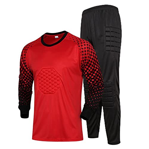 TiaoBug Jungen Fußball Torwart Trikot Set Gepolstert Langarm Sportshirt und Sporthose Schutz Ausrüstung Anzug Rot 134-140 von TiaoBug