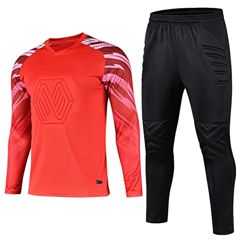 TiaoBug Jungen Fußball Torwart Trikot Set Gepolstert Langarm Sportshirt und Sporthose Schutz Ausrüstung Anzug Rot F 134-140 von TiaoBug