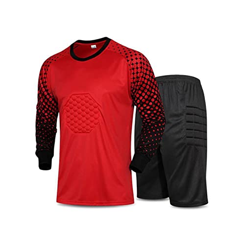 TiaoBug Jungen Fußball Torwart Trikot Set Gepolstert Langarm Sportshirt und Sporthose Schutz Ausrüstung Anzug Rot Kurz 116-122 von TiaoBug