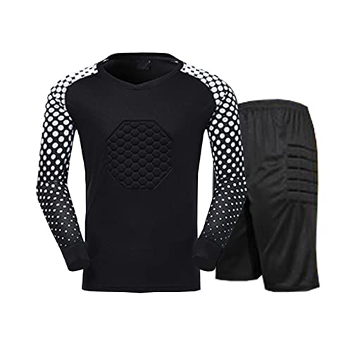 TiaoBug Jungen Fußball Torwart Trikot Set Gepolstert Langarm Sportshirt und Sporthose Schutz Ausrüstung Anzug Schwarz Kurz 128-134 von TiaoBug