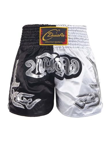TiaoBug Jungen Klassische Thai Boxerhose Gemusterte Muay Thai Kurze Hose Kinder Sport Gym Fitness Kickboxing Training Pants gr. 110-170 Schwarz-Weiss 134-140 von TiaoBug