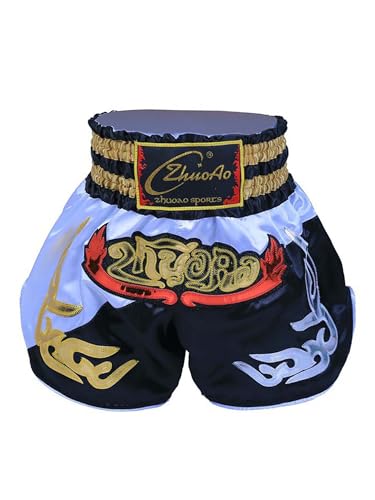 TiaoBug Jungen Klassische Thai Boxerhose Gemusterte Muay Thai Kurze Hose Kinder Sport Gym Fitness Kickboxing Training Pants gr. 110-170 Weiß schwarz 158-164 von TiaoBug