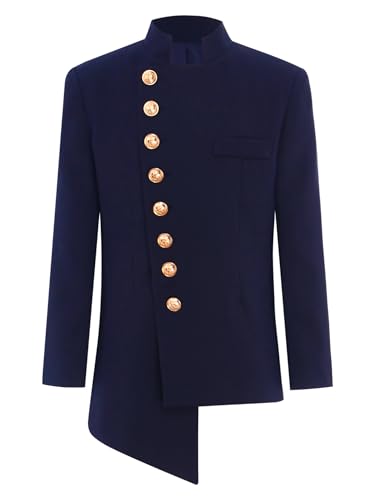 TiaoBug Jungen Klassischer Anzug Schräg Geknöpfte Anzugjacke Stehkragen Sakko Slim Fit Smoking Jacke Asymerischer Blazer zur Hochzeit Party Geburtstag Marineblau 134-140 von TiaoBug