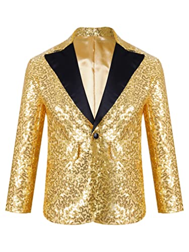 TiaoBug Jungen Pailletten Anzug V-Aussschnitt Sakko Slim Fit Smoking Jacke Glänzend Blazer Tops zur Party Hochzeit Gold 122-128 von TiaoBug