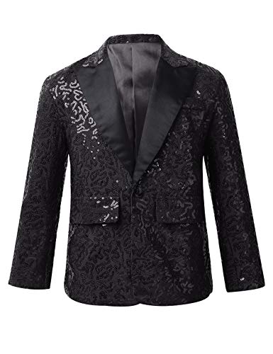 TiaoBug Jungen Pailletten Anzug V-Aussschnitt Sakko Slim Fit Smoking Jacke Glänzend Blazer Tops zur Party Hochzeit Schwarz 134-140 von TiaoBug