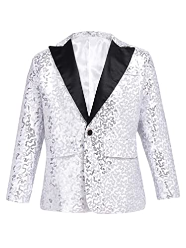 TiaoBug Jungen Pailletten Anzug V-Aussschnitt Sakko Slim Fit Smoking Jacke Glänzend Blazer Tops zur Party Hochzeit Silber 158-164 von TiaoBug
