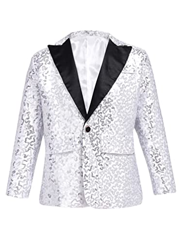 TiaoBug Jungen Pailletten Anzug V-Aussschnitt Sakko Slim Fit Smoking Jacke Glänzend Blazer Tops zur Party Hochzeit Silber 170-176 von TiaoBug