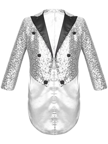 TiaoBug Jungen Pailletten Anzug V-Aussschnitt Sakko Slim Fit Smoking Jacke Glänzend Blazer Tops zur Party Hochzeit Silber A 134-140 von TiaoBug