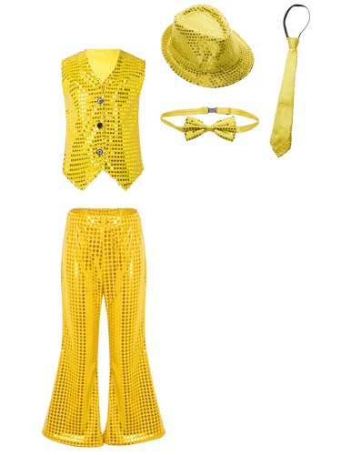 TiaoBug Jungen Pailletten Anzug Weste Festlich Tops mit Knopf Kinder glänzend Gilet Anzugsweste Party Hochzeit Kostüm zur Fasching Performance Gold G 146-152 von TiaoBug