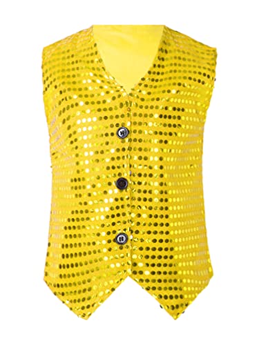 TiaoBug Jungen Pailletten Anzug Weste Festlich Tops mit Knopf Kinder glänzend Gilet Anzugsweste Party Hochzeit Kostüm zur Fasching Performance Gold&Gelb 122-128 von TiaoBug