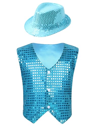 TiaoBug Jungen Pailletten Anzug Weste Festlich Tops mit Knopf Kinder glänzend Gilet Anzugsweste Party Hochzeit Kostüm zur Fasching Performance Hellblau mit Hut D 134-140 von TiaoBug