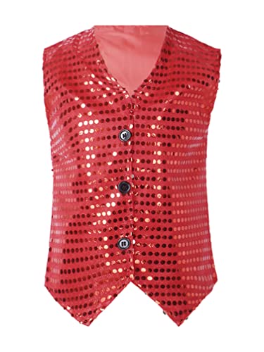 TiaoBug Jungen Pailletten Anzug Weste Festlich Tops mit Knopf Kinder glänzend Gilet Anzugsweste Party Hochzeit Kostüm zur Fasching Performance Rot 134-140 von TiaoBug