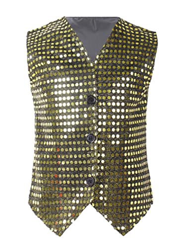 TiaoBug Jungen Pailletten Anzug Weste Festlich Tops mit Knopf Kinder glänzend Gilet Anzugsweste Party Hochzeit Kostüm zur Fasching Performance Schwarz&Gold 146-152 von TiaoBug