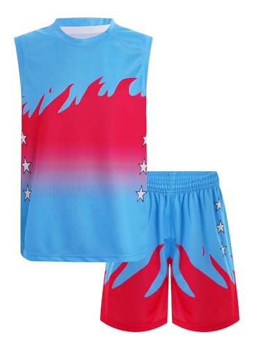 TiaoBug Jungen Sport T-Shirt Ärmellos Tank Top Shirt + Sommer Shorts Kurze Hose Trainingsshorts mit Flamme Muster Zweiteiler Sportbekleidung gr. 92-170 Hellblau 158-164 von TiaoBug