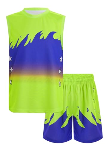 TiaoBug Jungen Sport T-Shirt Ärmellos Tank Top Shirt + Sommer Shorts Kurze Hose Trainingsshorts mit Flamme Muster Zweiteiler Sportbekleidung gr. 92-170 Leucht Grün 122-128 von TiaoBug
