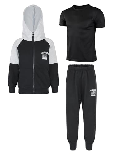 TiaoBug Jungen Trainingsanzug Hooded Sweatshirt mit Reisverschluss und Lange Hose und Sportshirt Jogginghose Trainingshose Sporthose Zweiteiler Sportbekleidung Schwarz 122-128 von TiaoBug