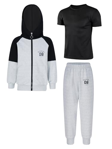 TiaoBug Jungen Trainingsanzug Hooded Sweatshirt mit Reisverschluss und Lange Hose und Sportshirt Jogginghose Trainingshose Sporthose Zweiteiler Sportbekleidung Schwarz Grau 122-128 von TiaoBug