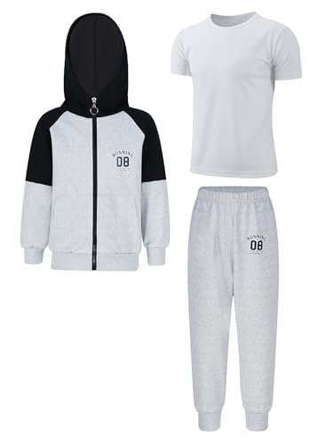 TiaoBug Jungen Trainingsanzug Hooded Sweatshirt mit Reisverschluss und Lange Hose und Sportshirt Jogginghose Trainingshose Sporthose Zweiteiler Sportbekleidung Weiß Grau 146-152 von TiaoBug