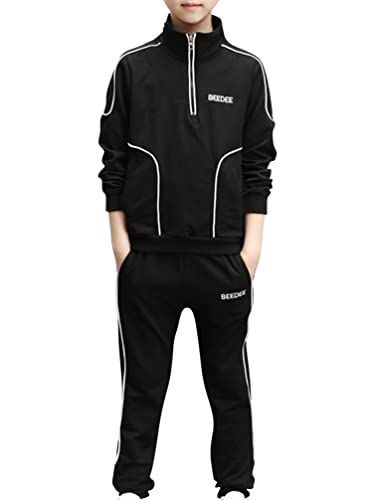 TiaoBug Jungen Trainingsanzug Lang Sweatshirt und Hose Jogginghose Trainingshose Regular Fit Sporthose Zweiteiler Sportbekleidung Schwarz 140-146 von TiaoBug