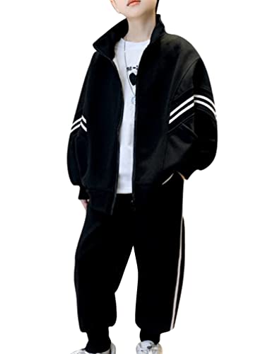 TiaoBug Jungen Trainingsanzug Lang Sweatshirt und Hose Jogginghose Trainingshose Regular Fit Sporthose Zweiteiler Sportbekleidung Schwarz A 146-152 von TiaoBug