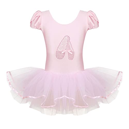 TiaoBug Kinder Ballettkleidung - 3 Modells - Mädchen Ballettkleid Kurzarm Ballettanzug mit Ballett Tutu Tütü und Innenslip Shorts Kostüm Outfit Gr.92-128 Hell Rosa 122-128 von TiaoBug