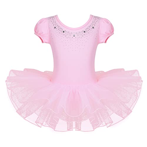 TiaoBug Kinder Ballettkleidung - 3 Modells - Mädchen Ballettkleid Kurzarm Ballettanzug mit Ballett Tutu Tütü und Innenslip Shorts Kostüm Outfit Gr.92-128 Rosa mit Strasssteine 92-98 von TiaoBug
