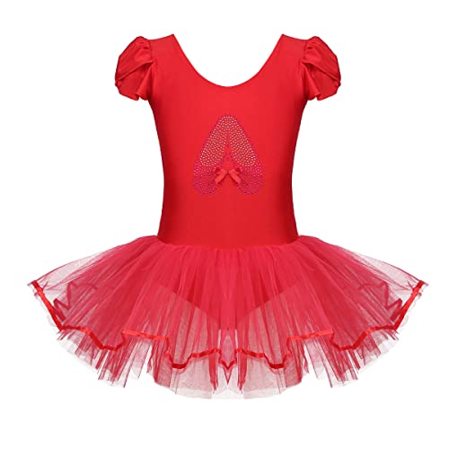 TiaoBug Kinder Ballettkleidung - 3 Modells - Mädchen Ballettkleid Kurzarm Ballettanzug mit Ballett Tutu Tütü und Innenslip Shorts Kostüm Outfit Gr.92-128 Rot 122-128 von TiaoBug