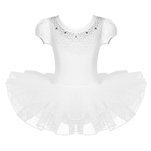 TiaoBug Kinder Ballettkleidung - 3 Modells - Mädchen Ballettkleid Kurzarm Ballettanzug mit Ballett Tutu Tütü und Innenslip Shorts Kostüm Outfit Gr.92-128 Weiß mit Strasssteine 122-128 von TiaoBug