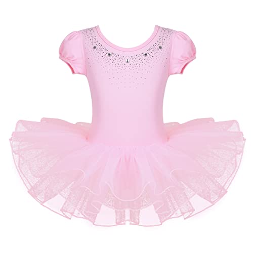 TiaoBug Kinder Ballettkleidung - 3 Modells - Mädchen Ballettkleid kurzarm Ballettanzug mit Ballett Tutu Tütü und Innenslip Shorts Kostüm Outfit Gr.92-128 Rosa mit Strasssteine 98-104 von TiaoBug