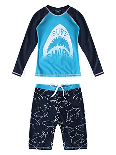 TiaoBug Kinder Jungen 3tlg. Badeanzug Schwimmanzug aus Kurzarm Badeshirt, Badehose Bademütze Uv-Schutz Bade-Set Bade Schwimm Kleidung mit Cartoon Aufdruck Himmelblau B 128-134 von TiaoBug