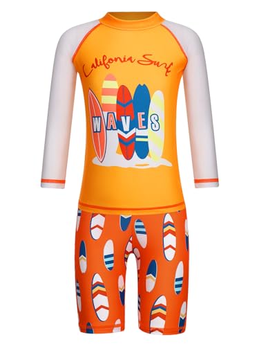 TiaoBug Kinder Jungen 3tlg. Badeanzug Schwimmanzug aus Kurzarm Badeshirt, Badehose Bademütze Uv-Schutz Bade-Set Bade Schwimm Kleidung mit Cartoon Aufdruck Orange B 98-104 von TiaoBug