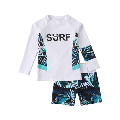 TiaoBug Kinder Jungen 3tlg. Badeanzug Schwimmanzug aus Kurzarm Badeshirt, Badehose Bademütze Uv-Schutz Bade-Set Bade Schwimm Kleidung mit Cartoon Aufdruck Weiß C 122-128 von TiaoBug