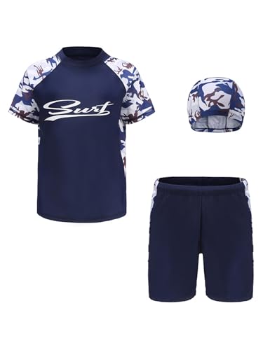 TiaoBug Kinder Jungen Badeanzug 3-Teilig Schwimmanzug aus Kurzarm Badeshirt, Badehose Bademütze UV-Schutz Bade-Set Bade Schwimm Kleidung 92-140 Camouflage Blau J 152-158 von TiaoBug