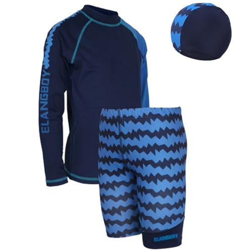 TiaoBug Kinder Jungen Badeanzug 3-Teilig Schwimmanzug aus Kurzarm Badeshirt, Badehose Bademütze UV-Schutz Bade-Set Bade Schwimm Kleidung 92-140 Dunkelblau L 152-158 von TiaoBug