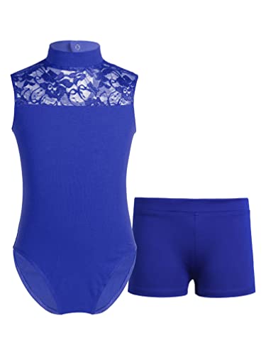 TiaoBug Kinder Mädchen Ballettkleid Ballettanzug Ballettkleidung Sport Tanz Trikot Body Stehkragen Spitze Gymnastik Turn Anzug Kleidung größe 110-164 Royal Blau mit Shorts 128 von TiaoBug