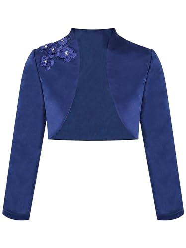 TiaoBug Kinder Mädchen Bolero festlich Satin Strickjacke Bauchfreie Schulterjacke Blumenmädchen Party Hochzeit Navy blau K 134-140 von TiaoBug