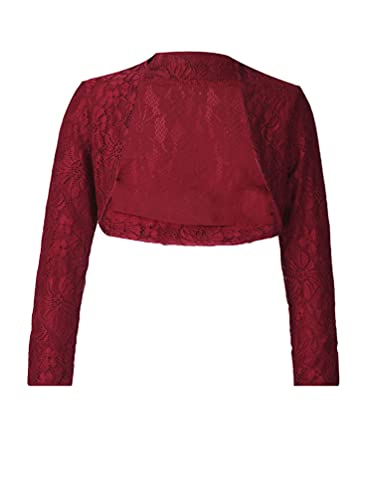 TiaoBug Kinder Mädchen Bolero festlich Satin Strickjacke Bauchfreie Schulterjacke Blumenmädchen Party Hochzeit Weinrot Spitzen 134-140 von TiaoBug